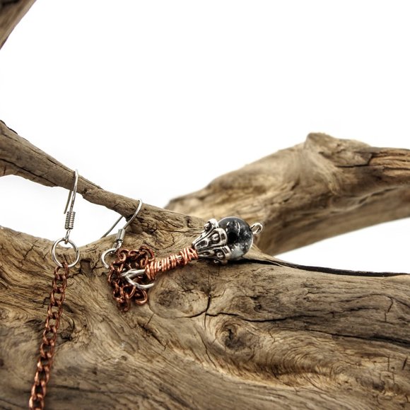 Long Copper Chain Earrings with Crackle Glass Beads - Picture 7 of 9